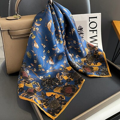 #ad 100% Silk Scarf Women Vintage Blue Leaves Kerchief Square Bandana Wrap 68*68cm $19.60
