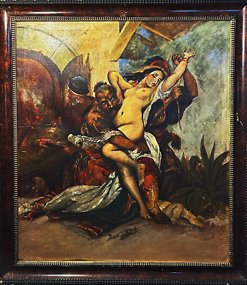 #ad Framed Painting Cossacks kidnap Turkish Women Oil on Canvas Europe Pre war $270.00