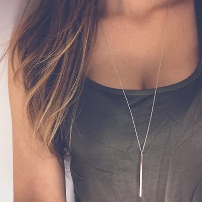 #ad Women Silver Long Chain Lariat Drop Charm Bar Necklace Jewelry Pendant $5.99