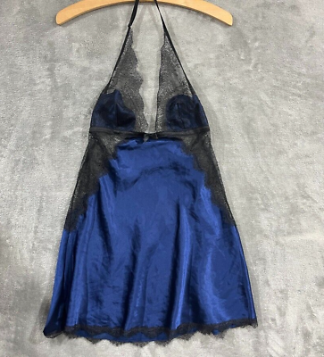 #ad Victoria Secret Satin Lace Slip Dress Nightie Navy Blue Lingerie Halter Size Med $20.00