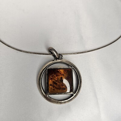 #ad VINTAGE .925 STERLING AND AMBER FLOWERS Square Oval Pendant And Chain C $19.99