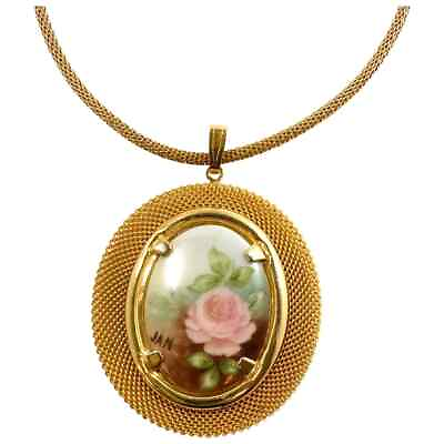 #ad Hand Painted Floral Rose Porcelain Pendant Necklace Goldtone Mesh Metal $24.00