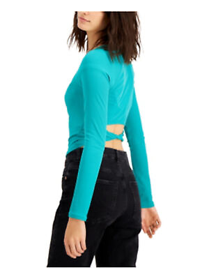 #ad BAR III Womens Teal Ribbed Unlined Twist Back Long Sleeve Square Neck Crop Top M $4.24