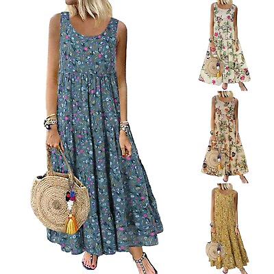 #ad Women Round Neck Floral Summer beach Sleeveless Long Cocktail Boho Maxi Sundress $25.00