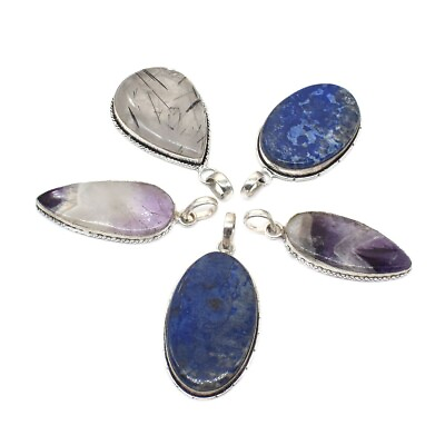 #ad Lot 5 Pcs Mix Stone amp; Shape Pendant 925 Sterling Silver Jewelry 2quot; to 2.5quot; $22.91