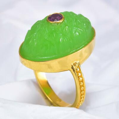 #ad Ring US size 7.5 Gold Vermeil Sterling Green Chalcedony Rhodolite Lotus 7.72 g $99.00