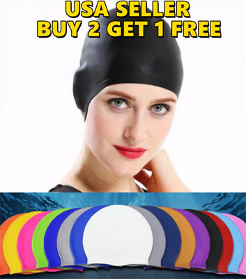 #ad Men Women Silicone Swimming Cap Solid Color Long Hair Clean Swim Pool for Adult $4.89