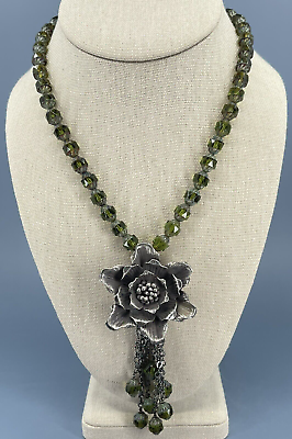 #ad vintage oxidized sterling silver flower necklace pendant green glass beads 17quot; $229.95