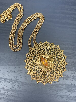 #ad Vintage Filigree Amber Rhinestone Brooch Pendant Solid Perfume Locket Necklace $39.00