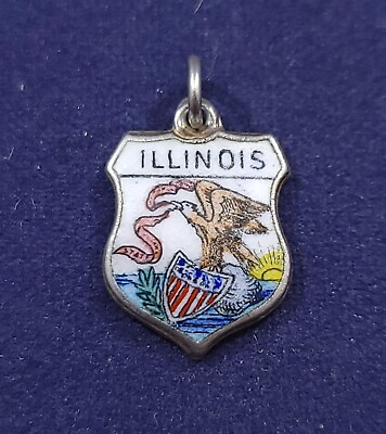 #ad Illinois US State Enamel Shield Travel Bracelet Charm Sterling Silver Vintage $26.99