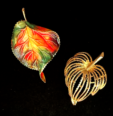 #ad 2 VTG Brooches Large Leaf Hand Painted Enamel amp; Gold Tone Lot FREE SHIPPING JCS $17.99