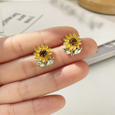 #ad Fashion Crystal Yellow Sunflower Earrings Ear Stud Women Wedding Jewelry Gift C $3.45