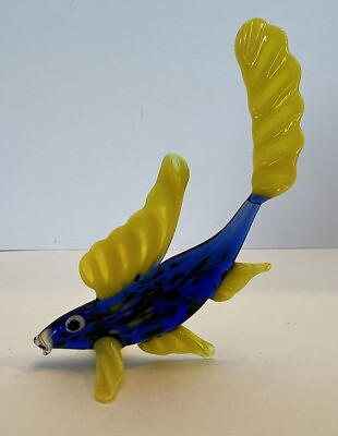 #ad Betta Fish Guppy Glass Art Blue and yellow Figurine Decorative $19.99