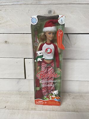 #ad Barbie Christmas Morning Doll 2008 with Santa Hat PJs Fur Slippers Kitten NIB $16.99