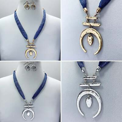 #ad Gold or Silver Chain Blue Denim Crescent Horn Pendant Necklace set $14.99