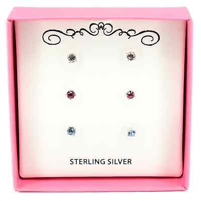 #ad Macy#x27;s Sterling Silver Crystal Children#x27;s 3 pair set Stud Earrings $30.15