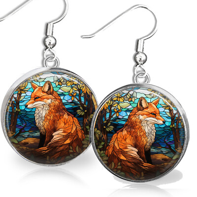 #ad Woodland Red Fox Earrings Faux Stained Glass Artisan Photo Jewelry Gifts $13.95