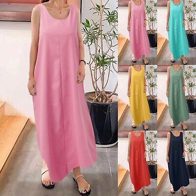 #ad Women Casual Round Neck Summer Sleeveless Dress Adjustable Straps Buttons Long $27.35