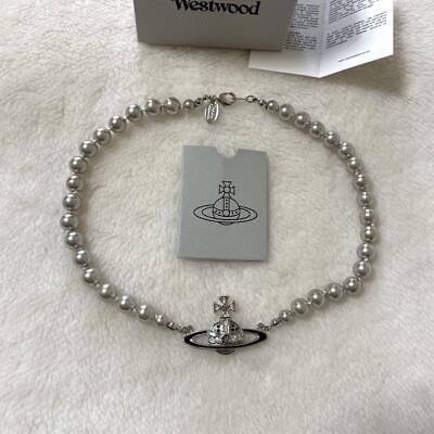 #ad Vivienne Westwood Necklace Pearl Choker Silver Pearl Gray IN BOX $138.84
