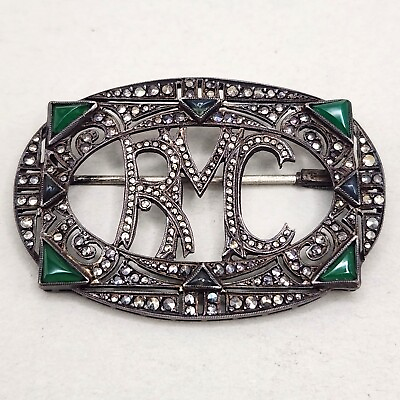 #ad Antique Sterling Marcasite Chrysoprase Brooch Art Deco RMC Monogram Green READ $44.99