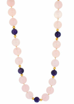 #ad 14K Yellow Gold Spacers and Clasp Rose Quartz Purples Amethyst Bead Necklace 32quot; $599.99