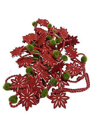 #ad Red Poinsettia With Green Pom Poms Garland 8ft Long $13.47