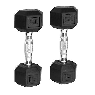 #ad New Coated Rubber Hex 15lb Dumbbells Set of 2 Black Weight Barbell Pairs US $31.60