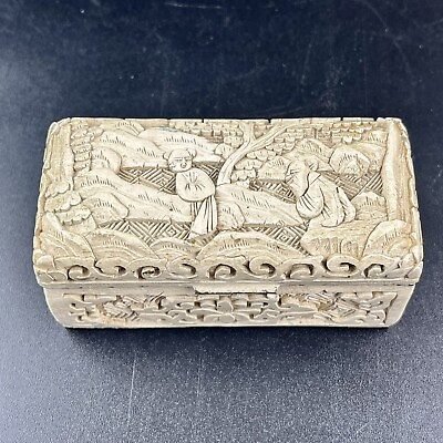 #ad Antique Chinese Hand Carved Cinnabar Ivory Lacquer Metal Box Sloped Interior $34.99