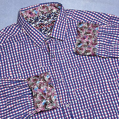 #ad Robert Graham Abstract Stripe Gingham Floral Flip Cuff Button Shirt 2XL $39.99