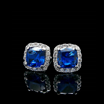 #ad 1CT Cushion Lab Created Sapphire Diamond Halo Earrings 14K White Gold Screwback $118.99