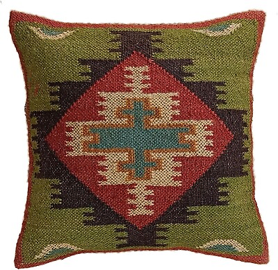 #ad 18x18 Vintage Indian Cushion Cover Throw Indian Wool Jute Handmade Kilim Pillow $22.99