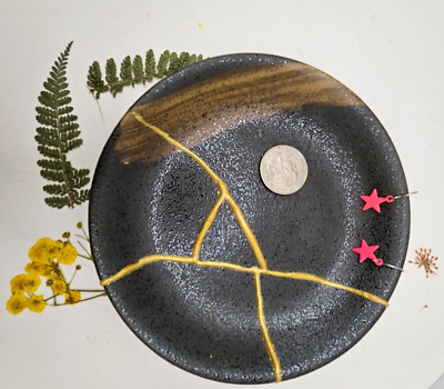 #ad Black gold Kintsugi small plate Japanses art Wabi Sabi jewelry holder $87.00