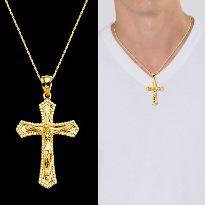 #ad #ad Mens Womens 14K Yellow Gold Religious Jesus Crucifix Pendant Cross $288.00