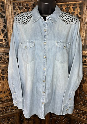 #ad Democracy Womens Pearl Snap Button Cotton Denim Shirt Long Sleeve Studded Size L $25.00
