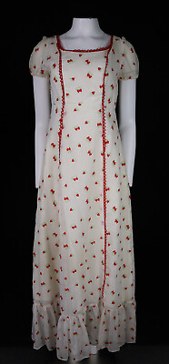 #ad Vintage 70s Norma J USA M 8 tag 13 White Strawberries Long Maxi Prairie Dress $129.99
