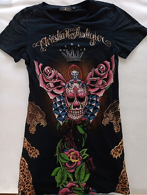 #ad Y2k Christian Audigier Shirt Small Womens Skull Butterfly Tiger Classic Long Tee $34.00