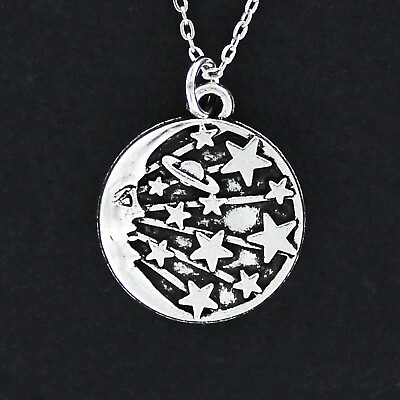 #ad MAN IN THE MOON Necklace on Chain or Charm Only Pewter Stars Starburst Planet $14.00