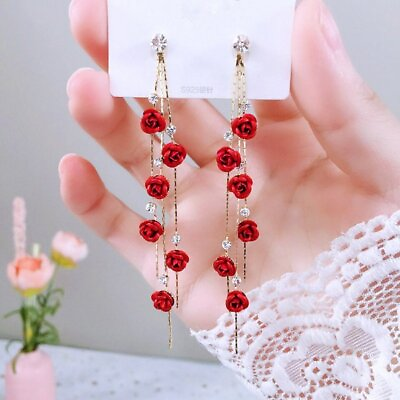 #ad Elegant Rose Flower Long Tassel Crystal Earrings Stud Drop Dangle Women Jewelry GBP 3.09