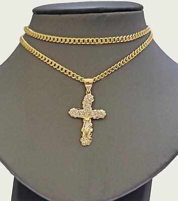 #ad Real 10k Gold Cross Charm Pendant Chain SET 18 26quot; Miami Cuban Link Necklace Men $654.96