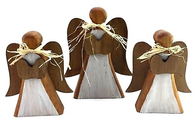 #ad Three Handmade Wooden Wood Angels Holiday Christmas Decor $14.81