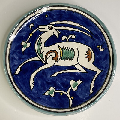 #ad Vtg Jerusalem City Hand Painted Dark Blue Ceramic Pottery 4” Plate Deer w Hook $79.99