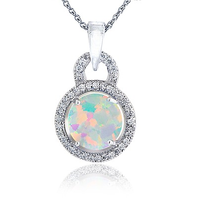 #ad Sterling Silver Created White Opal amp; CZ Round Necklace $20.99