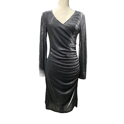 #ad White House Black Market Metallic Shimmer Black Silver Bodycon Party Dress Sz 4 $24.99