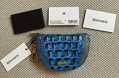 #ad Brahmin BRITT DEEP AZURE Blue amp; Copper Leather CREDIT CARD COIN HOLDER NWT $97.99