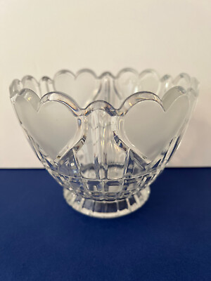 #ad 24% Leaded Crystal  Vintage Bowl with 6 Frosted Hearts footed base $29.90