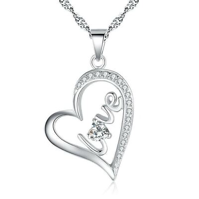 #ad Heart Necklace Crystal Pendant Silver Plated Chain Ladies Jewellery GBP 3.99