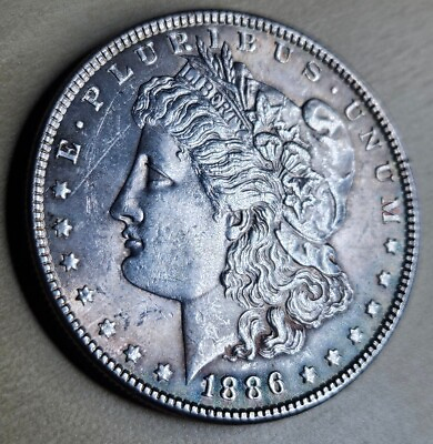 #ad 1886 Morgan Silver Dollar AU Almost BU Details Cleaned About Uncirculated Toned $54.99