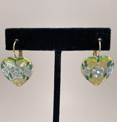 #ad kirks folly heart pierced earrings green yellow enamel AB rhinestones gold tone $35.00