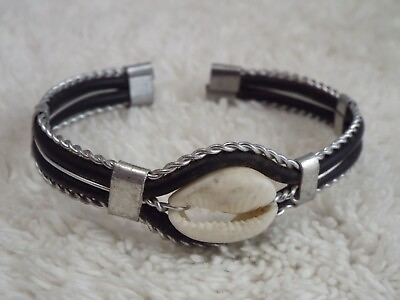 #ad Silvertone Shell Black Cord Cuff Bracelet D48 $3.35
