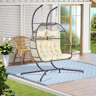 #ad 2 Person Wicker Egg Chair Double Indoor Outdoor Hammock Egg Chair w Stand $386.28